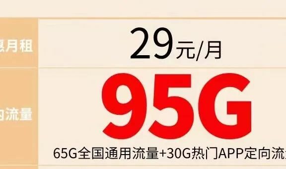 [免费领卡]电信羽轩卡29元月租包95G流量，20年长期套餐，带通话功能/羽芒卡/光速卡