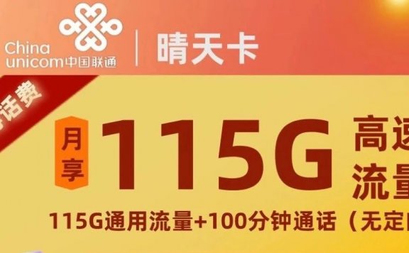【发货率高】联通新品晴天卡29元包115G通用流量+100分钟通话长期套餐
