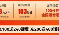 可开副卡,联通青云卡33元/月103GB通用流量+100分钟通话(长期流量)