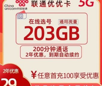 联通放大招!优优卡月租29元每月203G流量+200分钟通话!长期流量可选号!